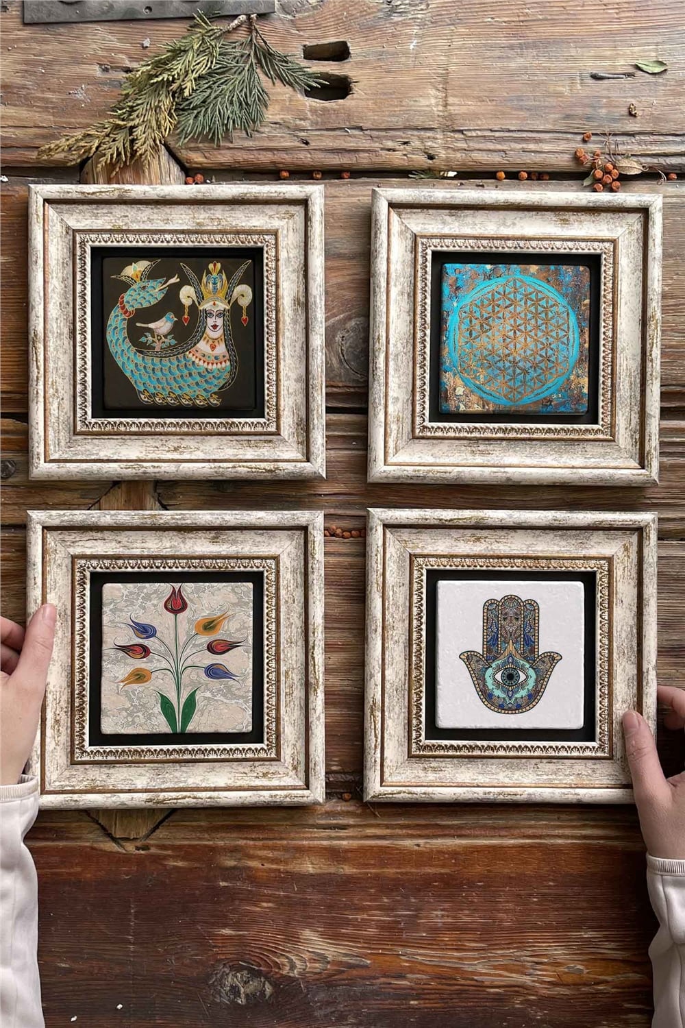 Oscar Stone Decor Çerçeveli Taş Tablo 20x20cm 4'lü Set(1213-1090-499-114)Şahmeran Ebruli Fatma Ana