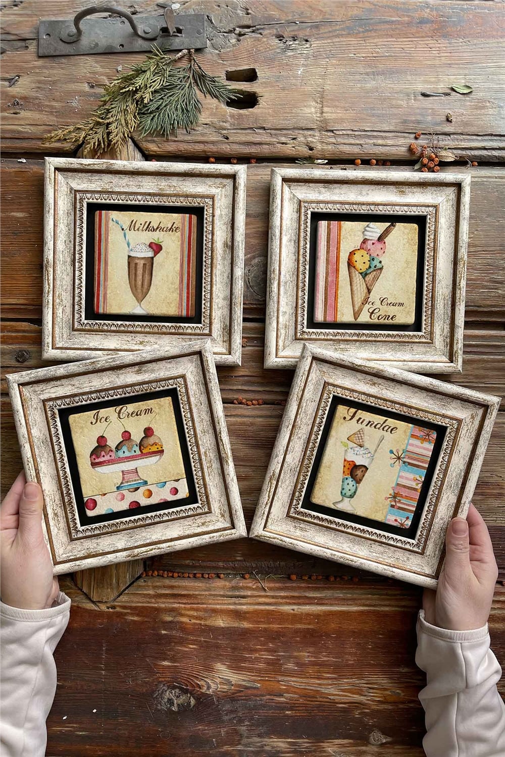 Oscar Stone Decor Çerçeveli Taş Tablo Duvar Dekoru 20x20cm 4'lü Set Ice Cream Dondurma Seti