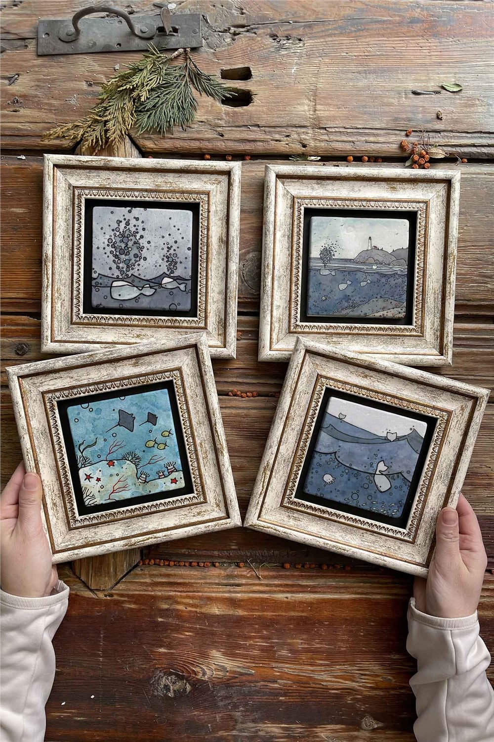 Oscar Stone Decor Çerçeveli Taş Tablo Duvar Dekoru 20x20cm 4'lü Set Deniz Seti