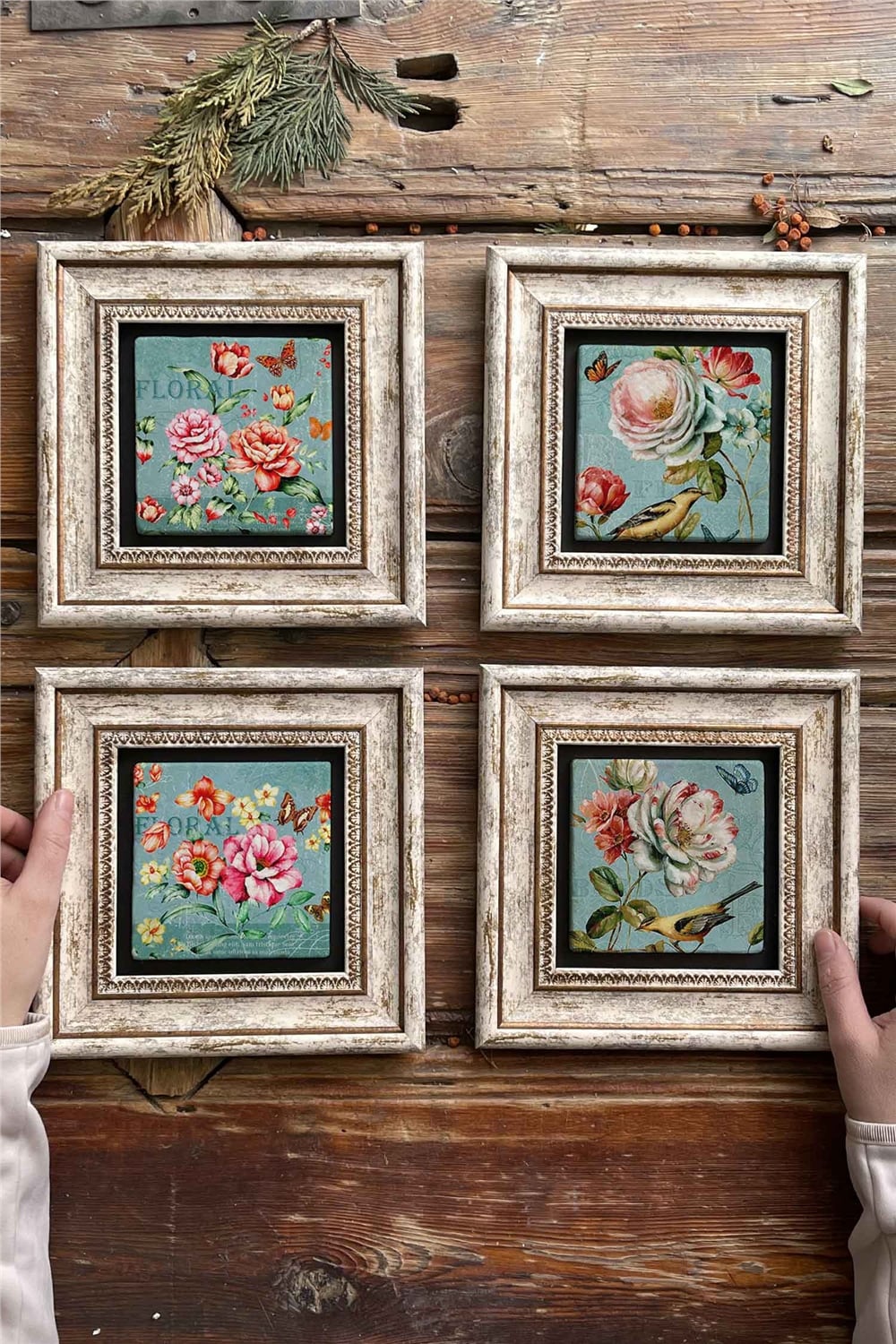 Oscar Stone Decor Çerçeveli Taş Tablo Duvar Dekoru 20x20cm 4'lü Set