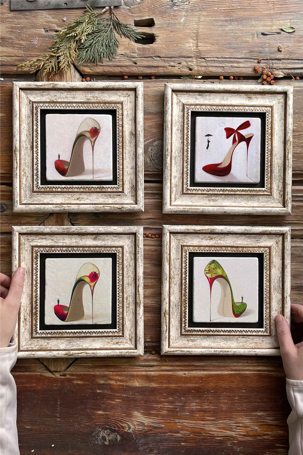 Oscar Stone Decor Çerçeveli Taş Tablo Duvar Dekoru 20x20cm 4'lü Set