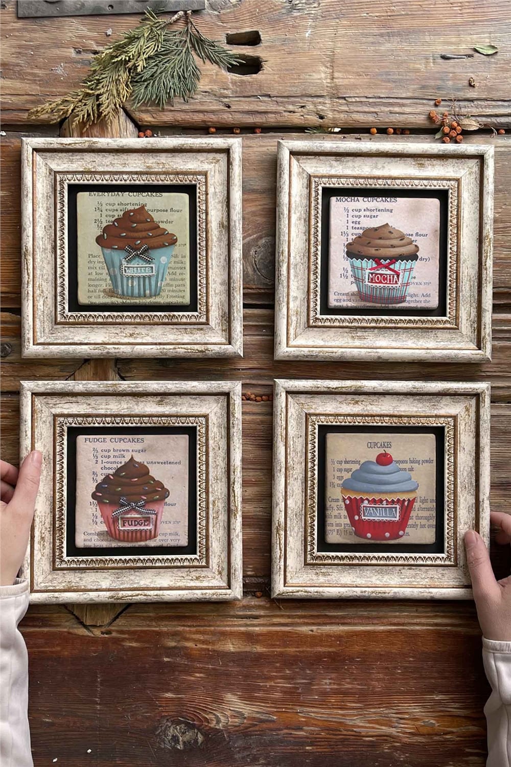 Oscar Stone Decor Çerçeveli Taş Tablo Duvar Dekoru 20x20cm 4'lü Set Cup Cake Kek Seti