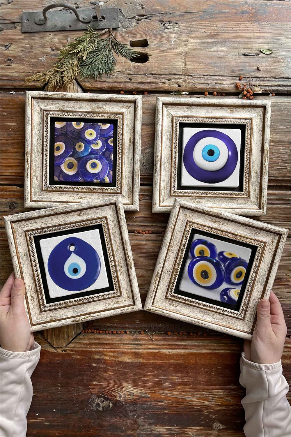 Oscar Stone Decor Çerçeveli Taş Tablo Duvar Dekoru 20x20cm 4'lü Set Nazar Boncuğu Seti