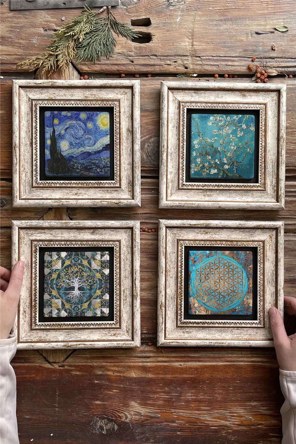 Oscar Stone Decor Çerçeveli Taş Tablo Duvar Dekoru 20x20cm 4'lü Set Van Gogh Tabloları Hayat Ağacı