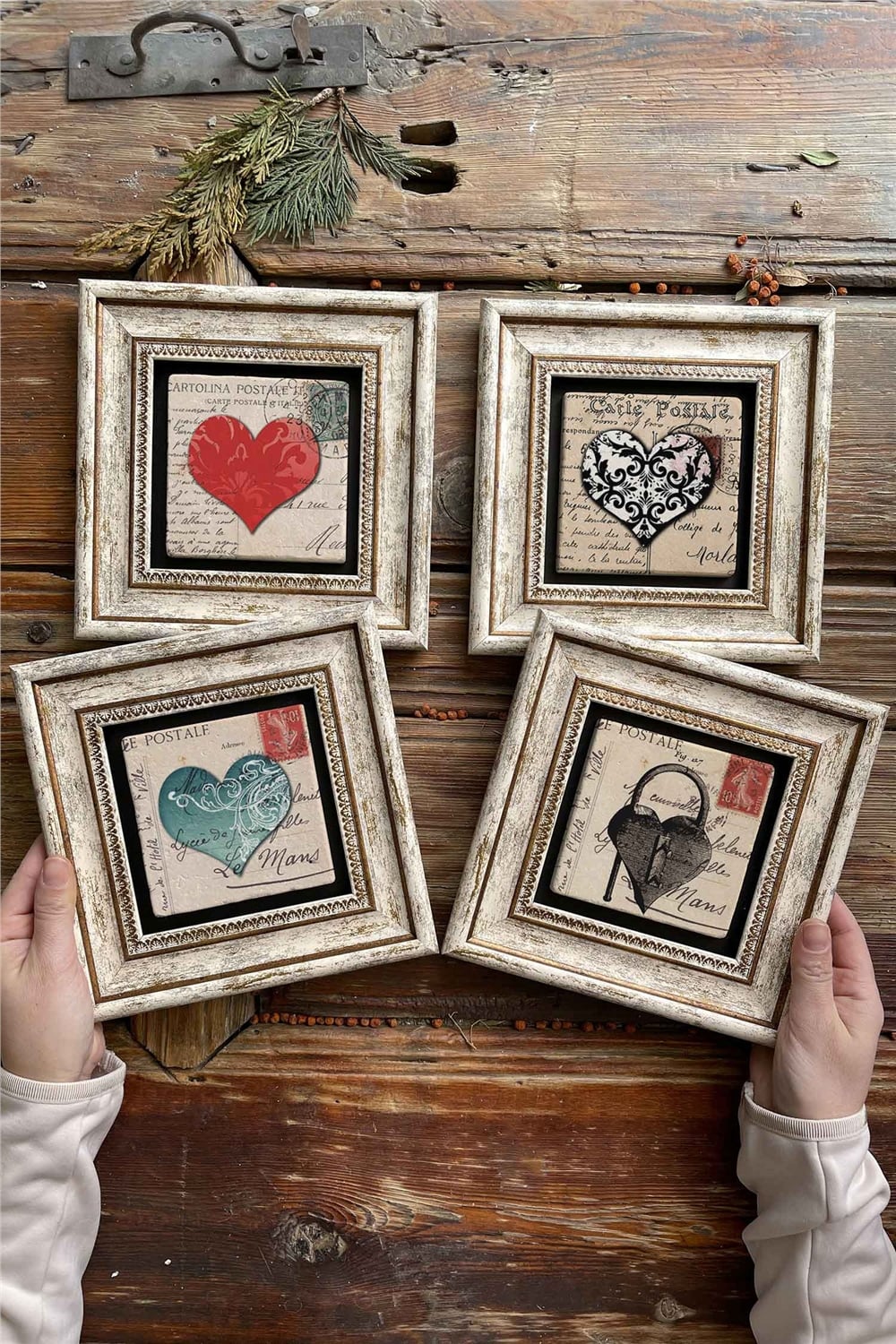 Oscar Stone Decor Çerçeveli Taş Tablo Duvar Dekoru 20x20cm 4'lü Set Kalp Heart Set