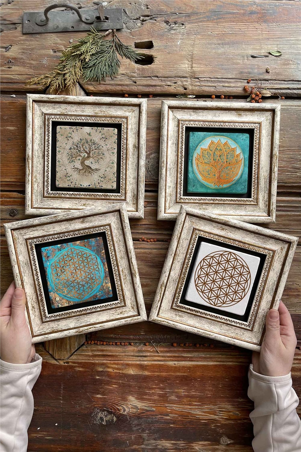 Oscar Stone Decor Çerçeveli Taş Tablo Duvar Dekoru 20x20cm 4'lü Set Hayat Ağacı Lotus Çiçeği