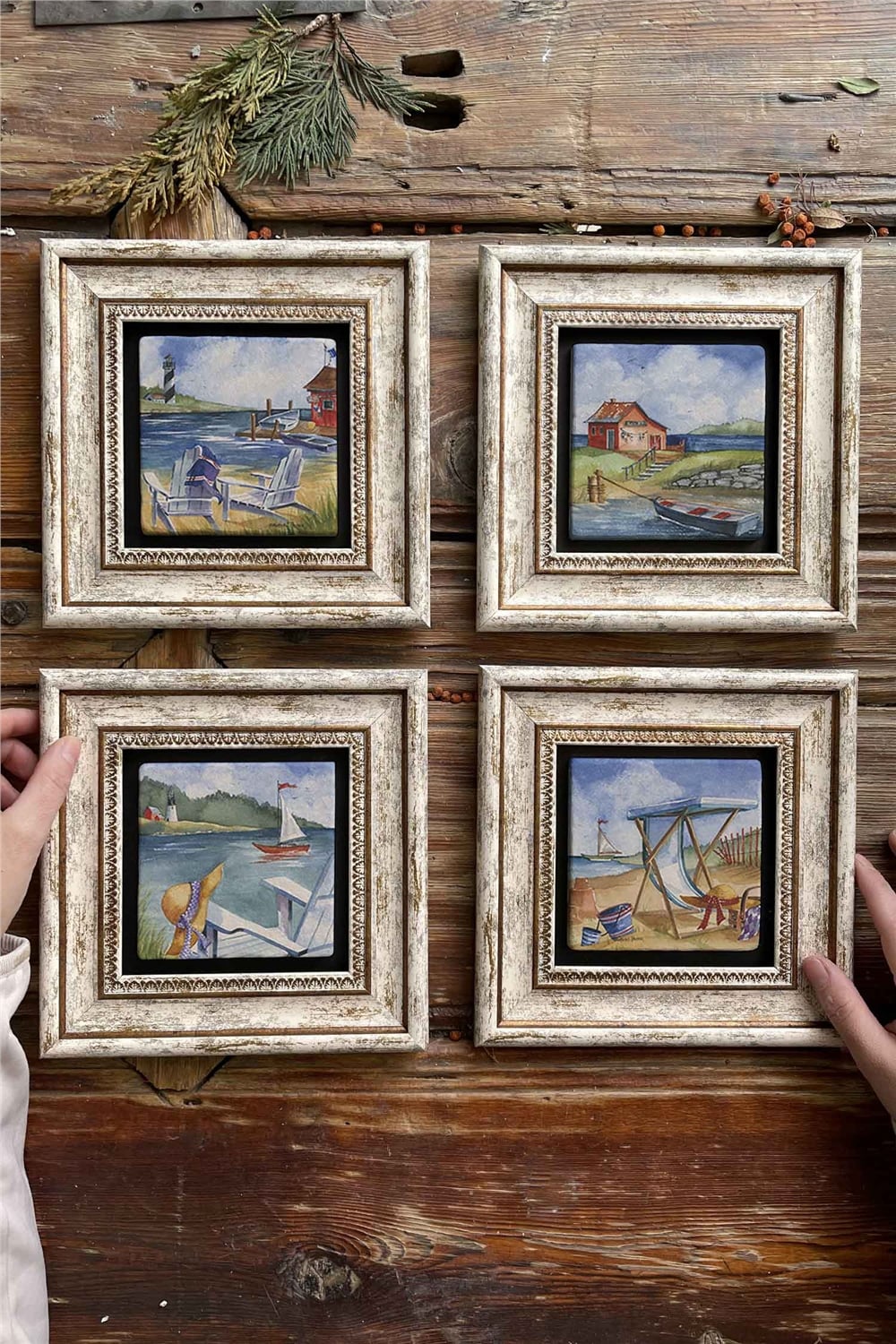 Oscar Stone Decor Çerçeveli Taş Tablo Duvar Dekoru 20x20cm 4'lü Set Sahil Kasabası Seti