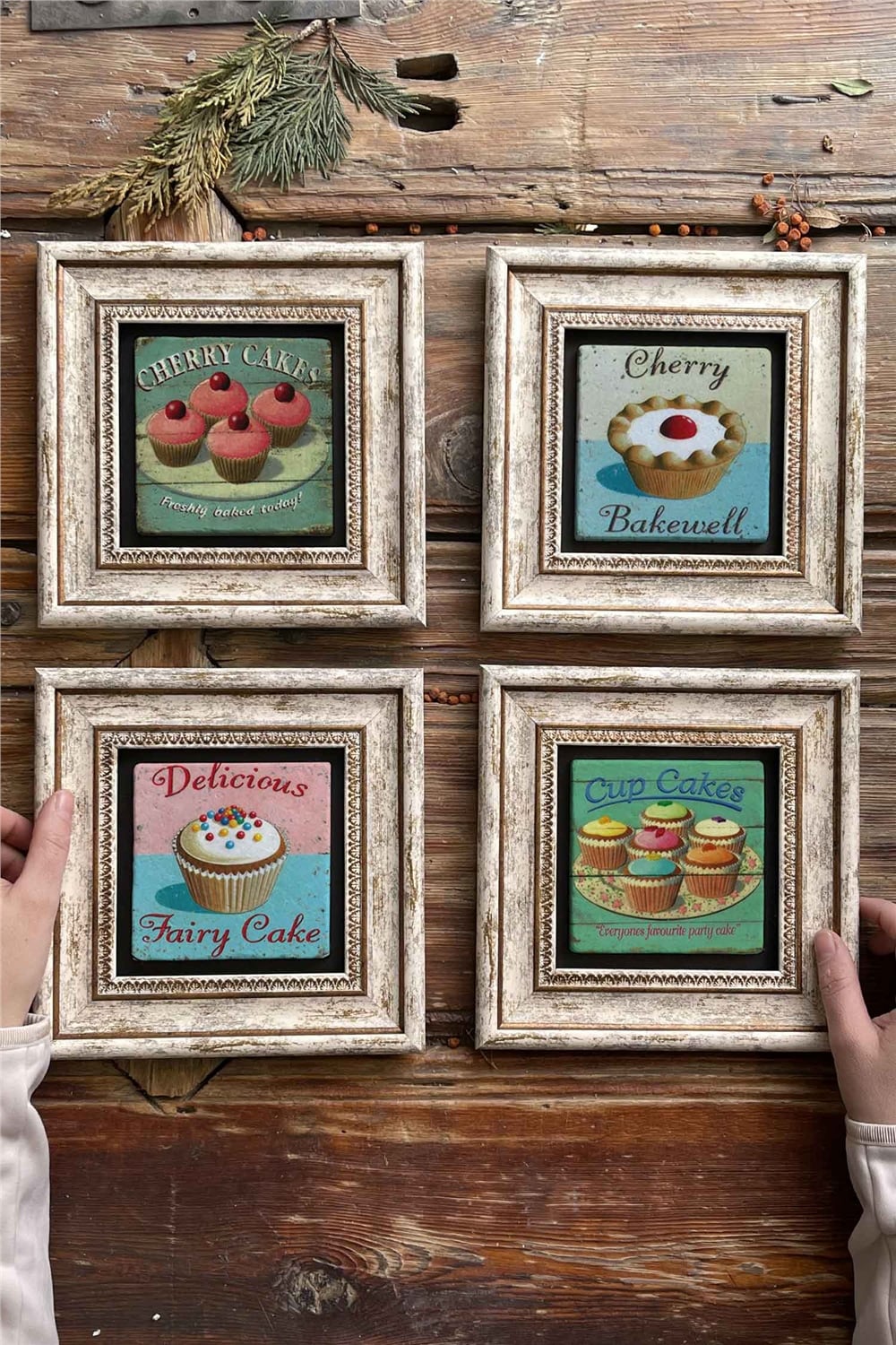 Oscar Stone Decor Çerçeveli Taş Tablo Duvar Dekoru 20x20cm 4'lü Set Cherry Cakes Cup Cakes