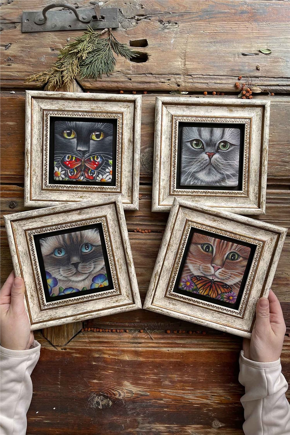 Oscar Stone Decor Çerçeveli Taş Tablo Duvar Dekoru 20x20cm 4'lü Set Kedi Set