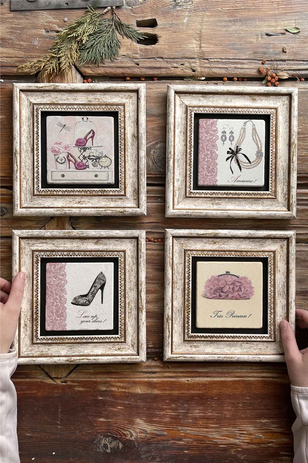 Oscar Stone Decor Çerçeveli Taş Tablo Duvar Dekoru 20x20cm 4'lü Set