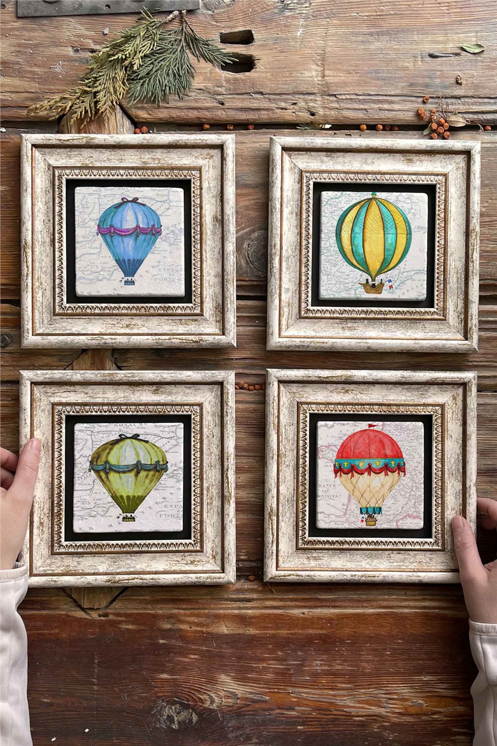 Oscar Stone Decor Çerçeveli Taş Tablo Duvar Dekoru 20x20cm 4'lü Set Balon Seti Baloon Set