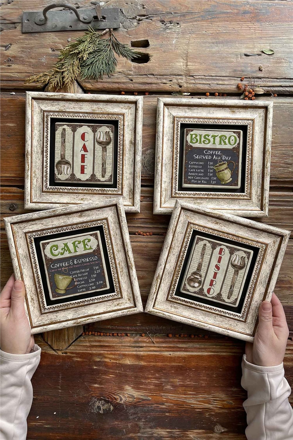 Oscar Stone Decor Çerçeveli Taş Tablo Duvar Dekoru 20x20cm 4'lü Set Cafe Coffee