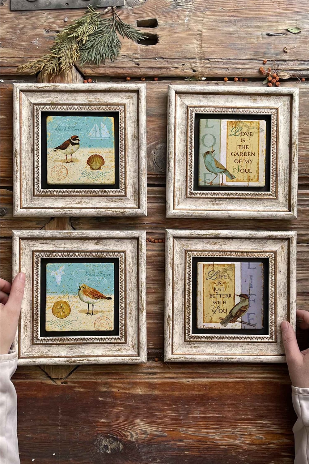 Oscar Stone Decor Çerçeveli Taş Tablo Duvar Dekoru 20x20cm 4'lü Set Kuş Seti