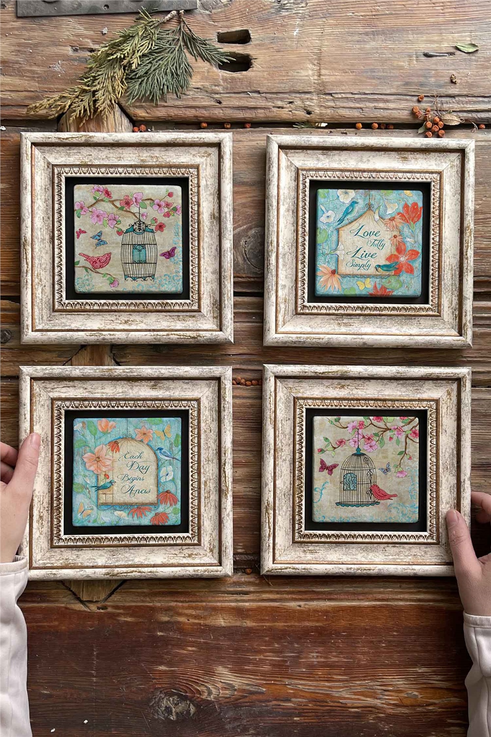 Oscar Stone Decor Çerçeveli Taş Tablo Duvar Dekoru 20x20cm 4'lü Set