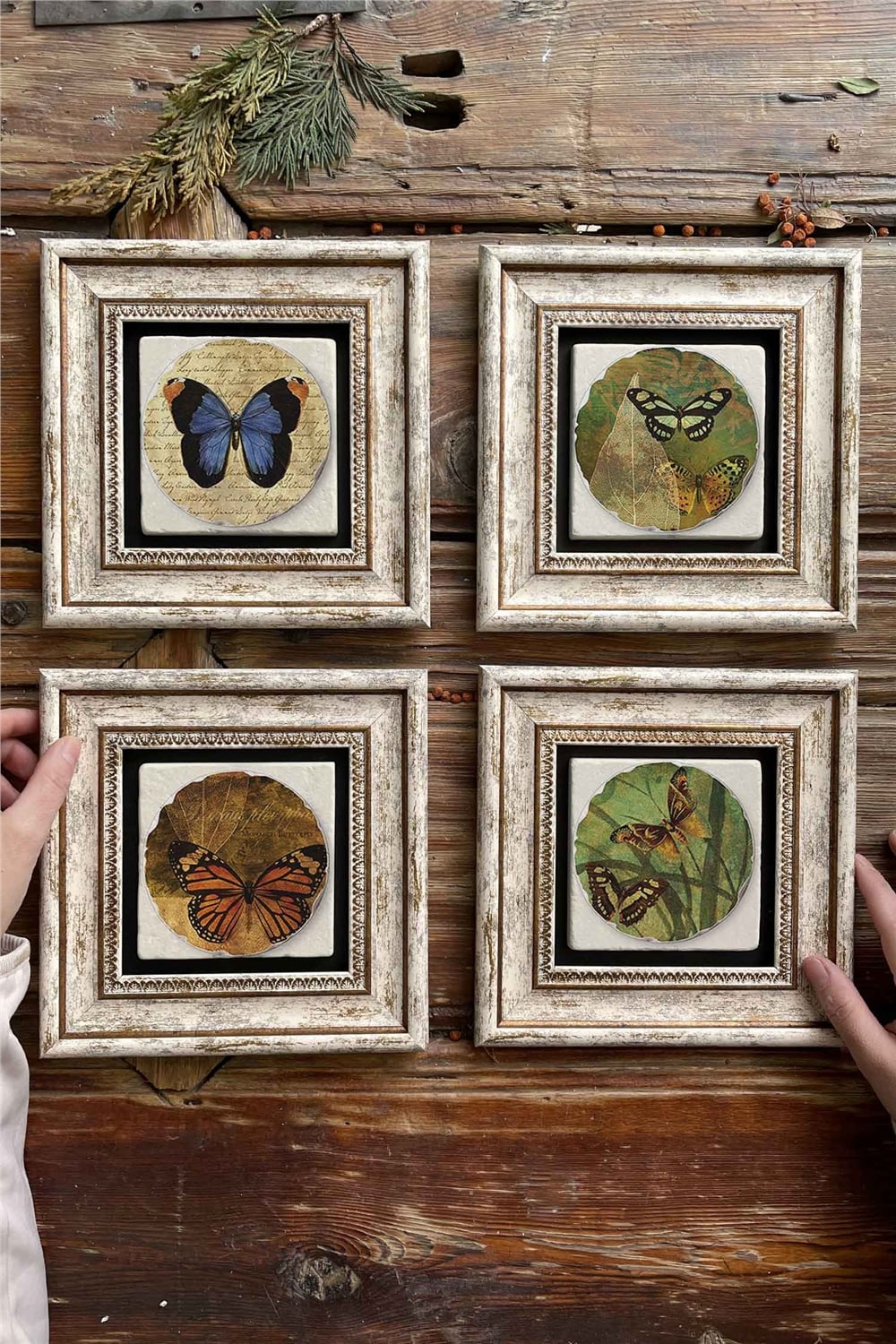 Oscar Stone Decor Çerçeveli Taş Tablo Duvar Dekoru 20x20cm 4'lü Set Kelebek Butterfly Set