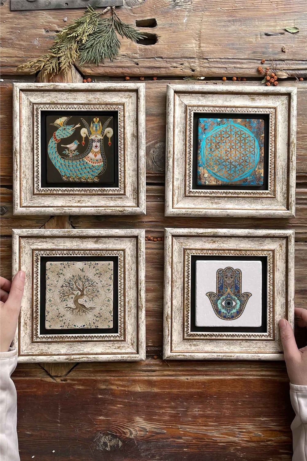 Oscar Stone Decor Çerçeveli Taş Tablo 20x20cm 4'lü Set(1213-1090-540-114)Şahmeran Yaşam Hayat Ağacı