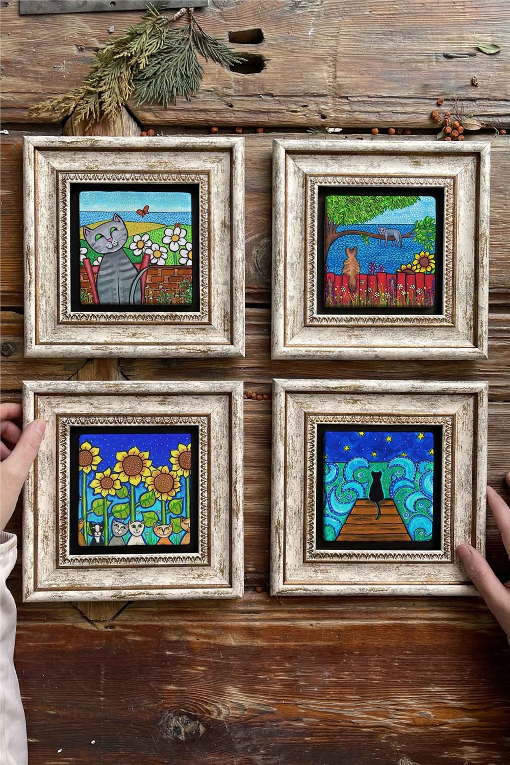 Oscar Stone Decor Çerçeveli Taş Tablo Duvar Dekoru 20x20cm 4'lü Set Kedi