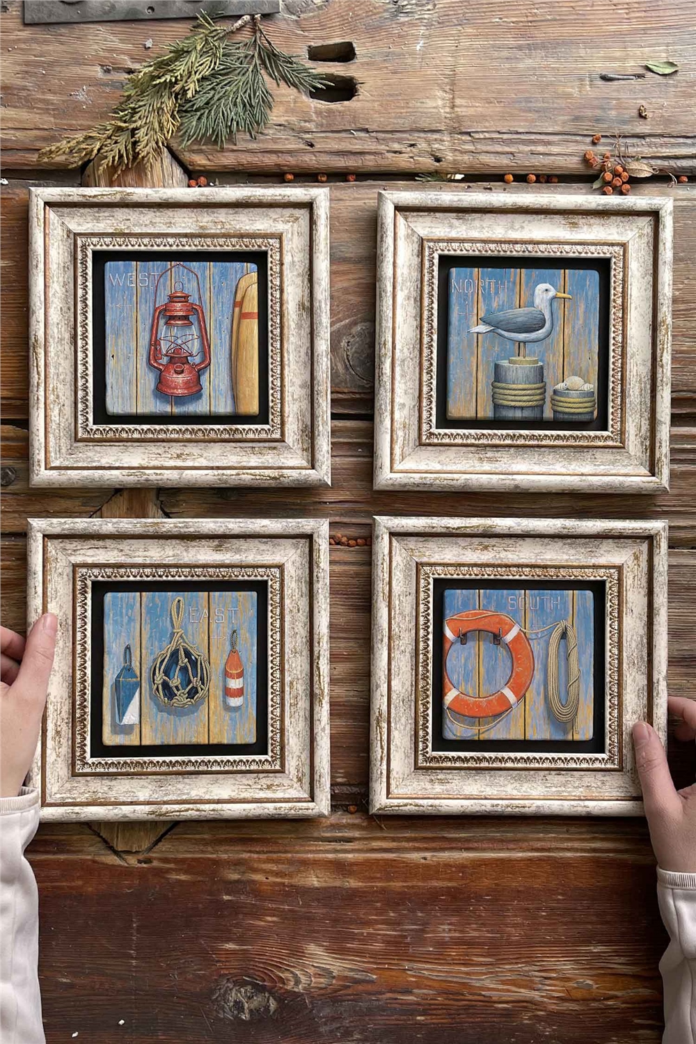 Oscar Stone Decor Çerçeveli Taş Tablo Duvar Dekoru 20x20cm 4'lü Set Gemici Seti Martı Gaz Lambası