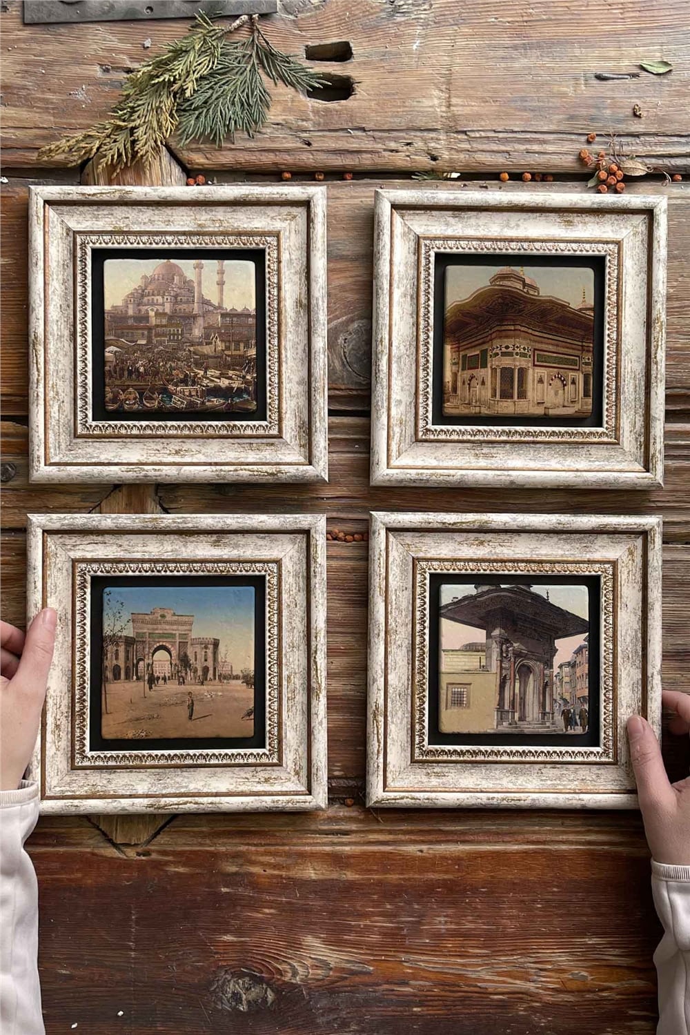Oscar Stone Decor Çerçeveli Taş Tablo Duvar Dekoru 20x20cm 4'lü Set Osmanlı Çeşmesi