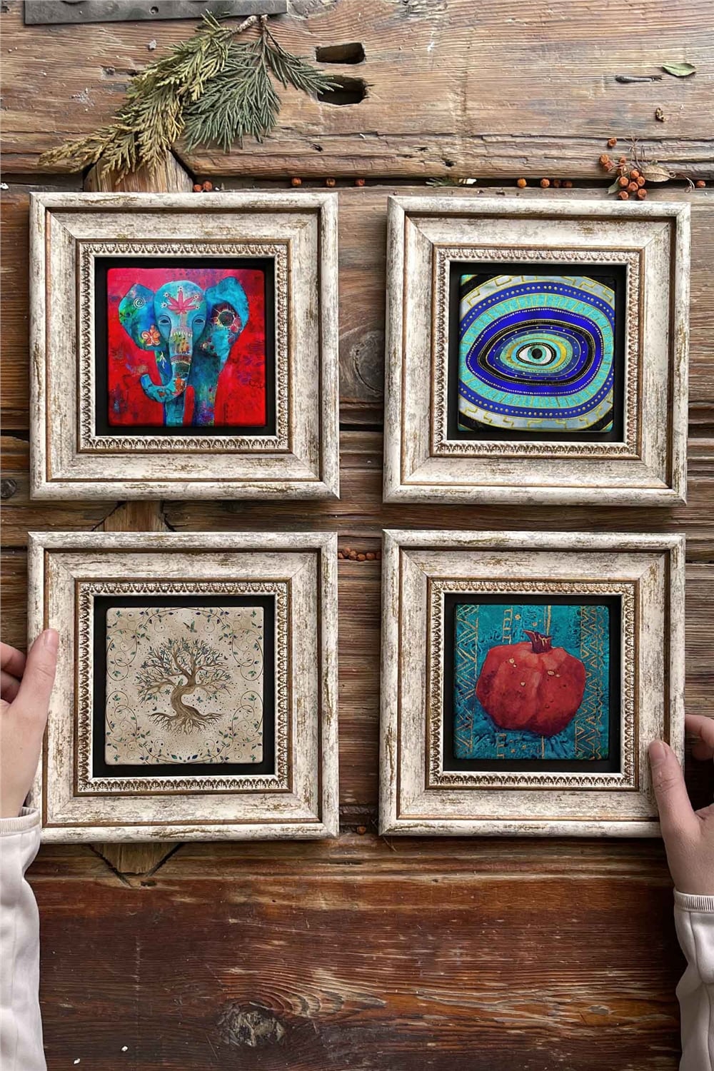 Oscar Stone Decor Çerçeveli Taş Tablo 20x20cm 4'lü Set(1488-1100-540-480)Fil Nazar Hayat Ağacı Nar