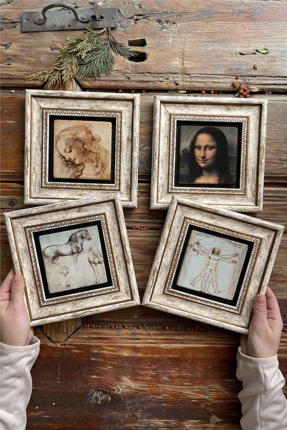 Oscar Stone Decor Çerçeveli Taş Tablo Duvar Dekoru 20x20cm 4'lü Set Da Vinci Tabloları