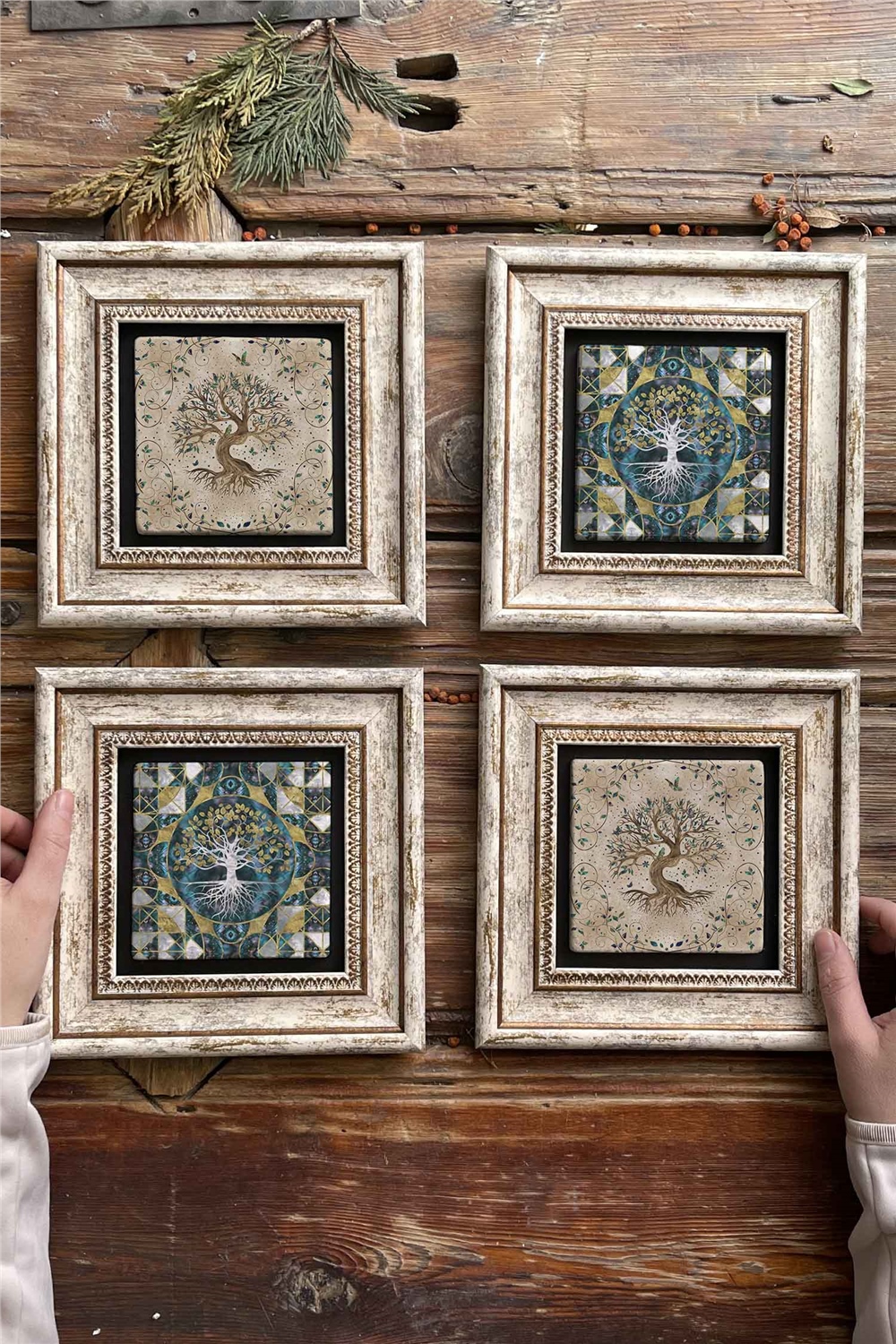 Oscar Stone Decor Çerçeveli Taş Tablo Duvar Dekoru 20x20cm 4'lü Set Hayat Ağacı Seti