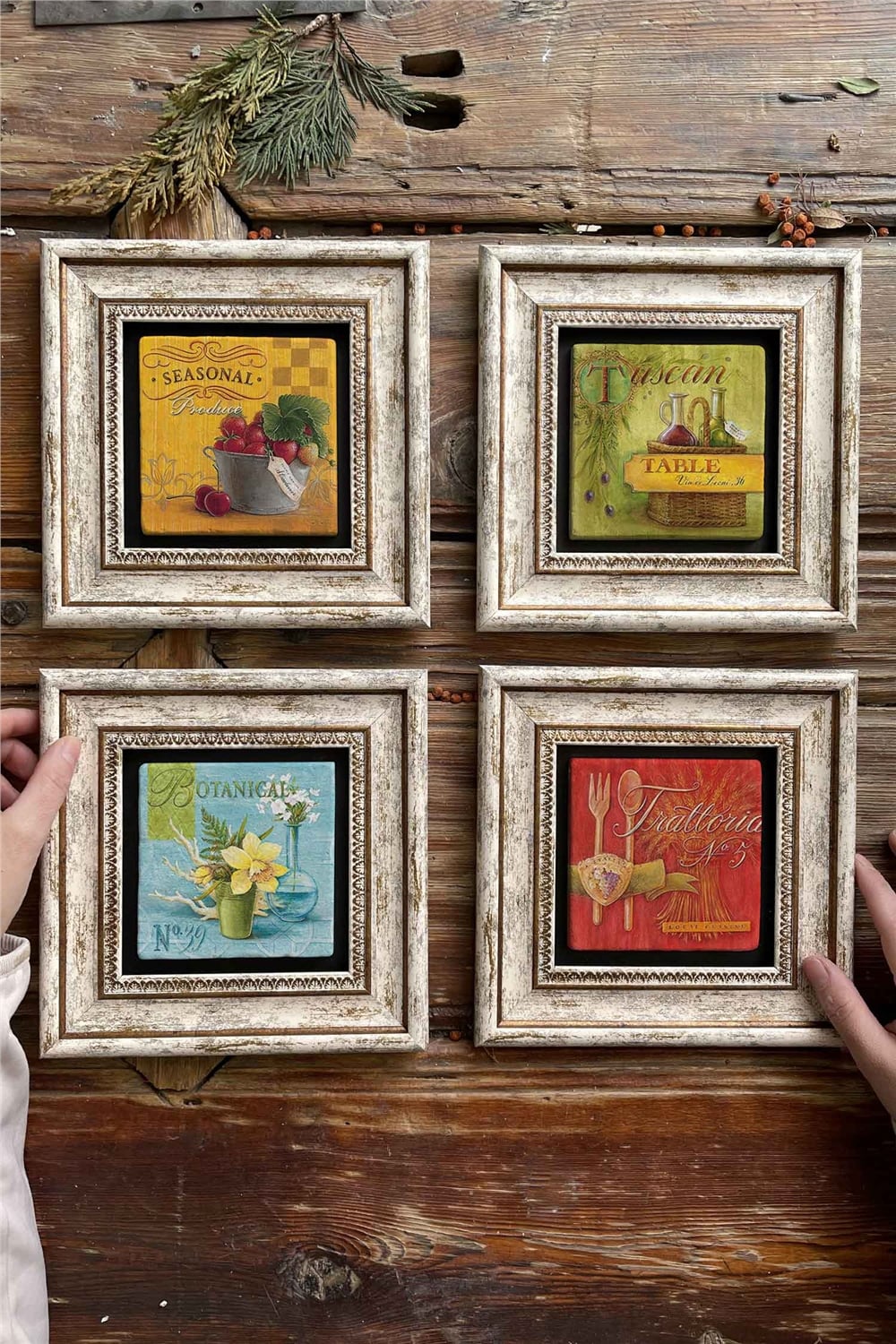 Oscar Stone Decor Çerçeveli Taş Tablo Duvar Dekoru 20x20cm 4'lü Set Tuscan Yağ Tabloları Mutfak