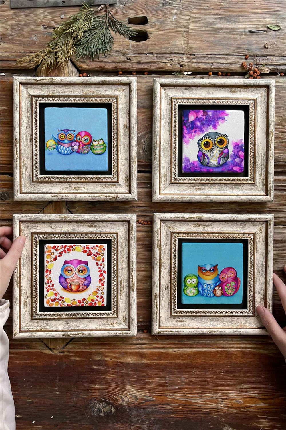 Oscar Stone Decor Çerçeveli Taş Tablo Duvar Dekoru 20x20cm 4'lü Set Baykuş Seti