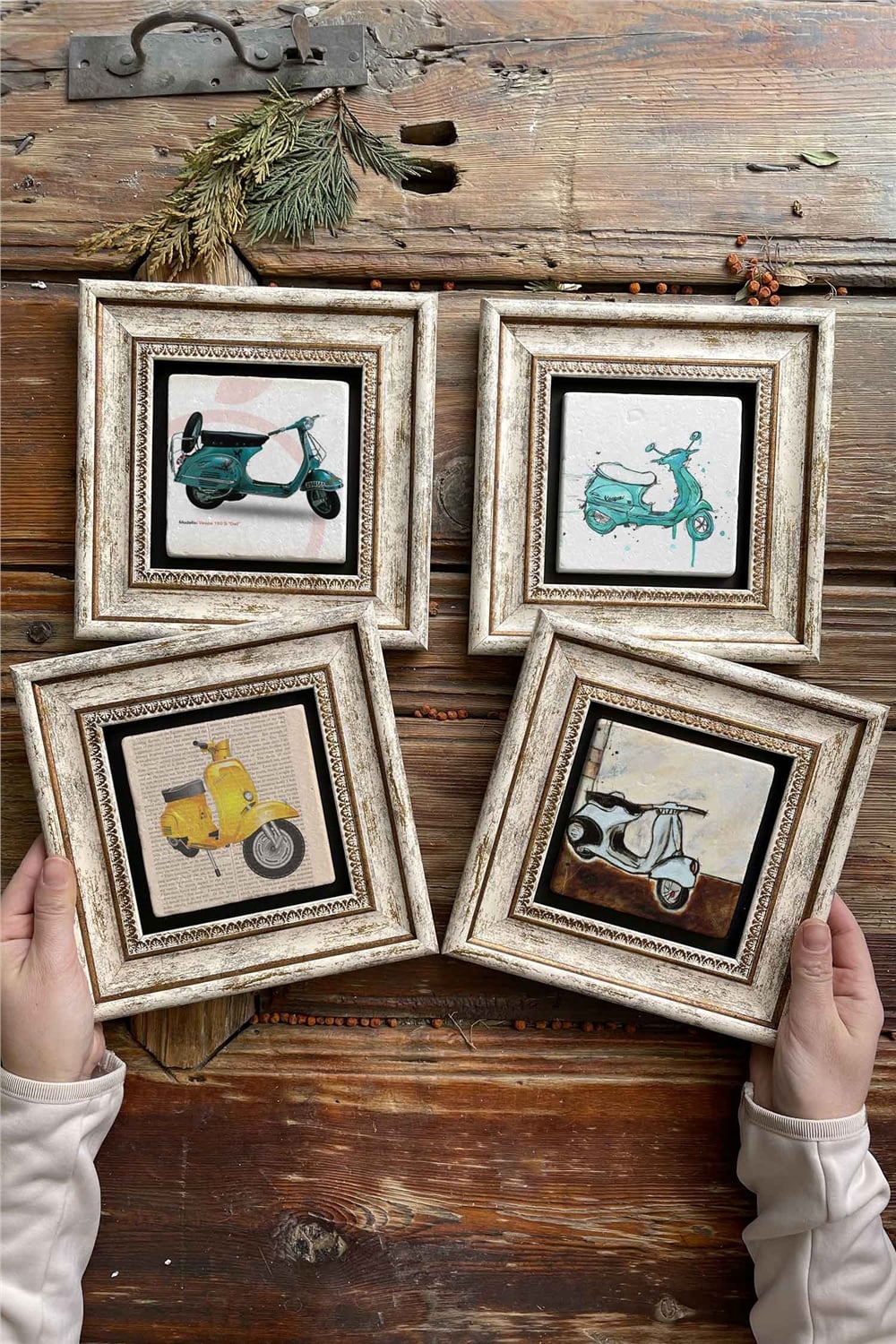 Oscar Stone Decor Çerçeveli Taş Tablo Duvar Dekoru 20x20cm 4'lü Set Vespa Set