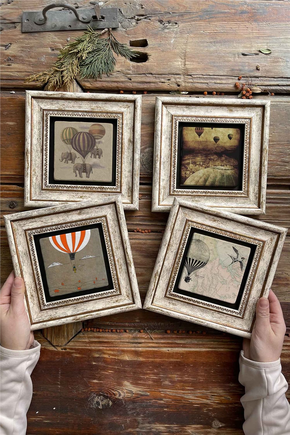 Oscar Stone Decor Çerçeveli Taş Tablo Duvar Dekoru 20x20cm 4'lü Set Balon Seti Baloon Set