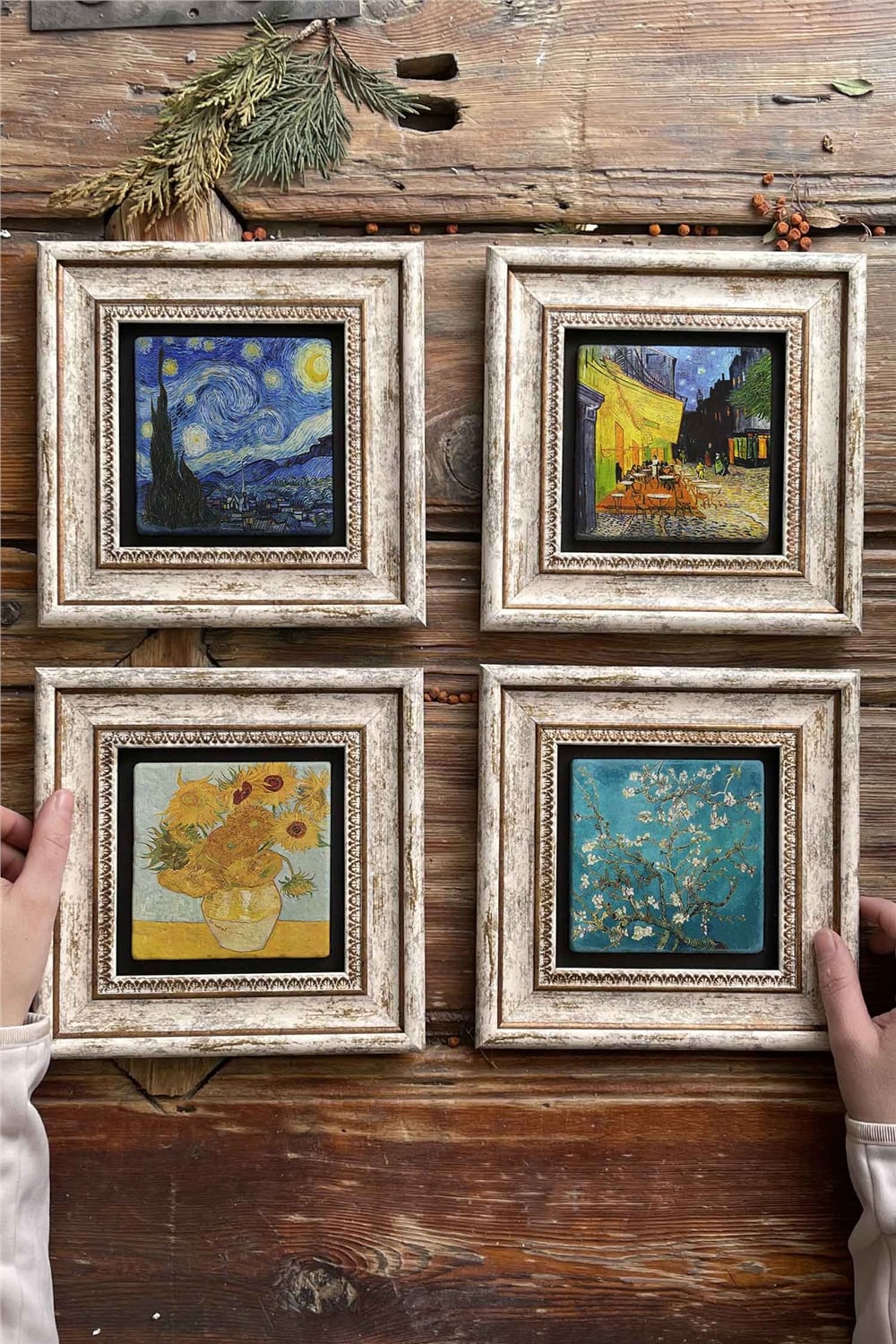 Oscar Stone Decor Çerçeveli Taş Tablo Duvar Dekoru 20x20cm 4'lü Set Van Gogh Tabloları
