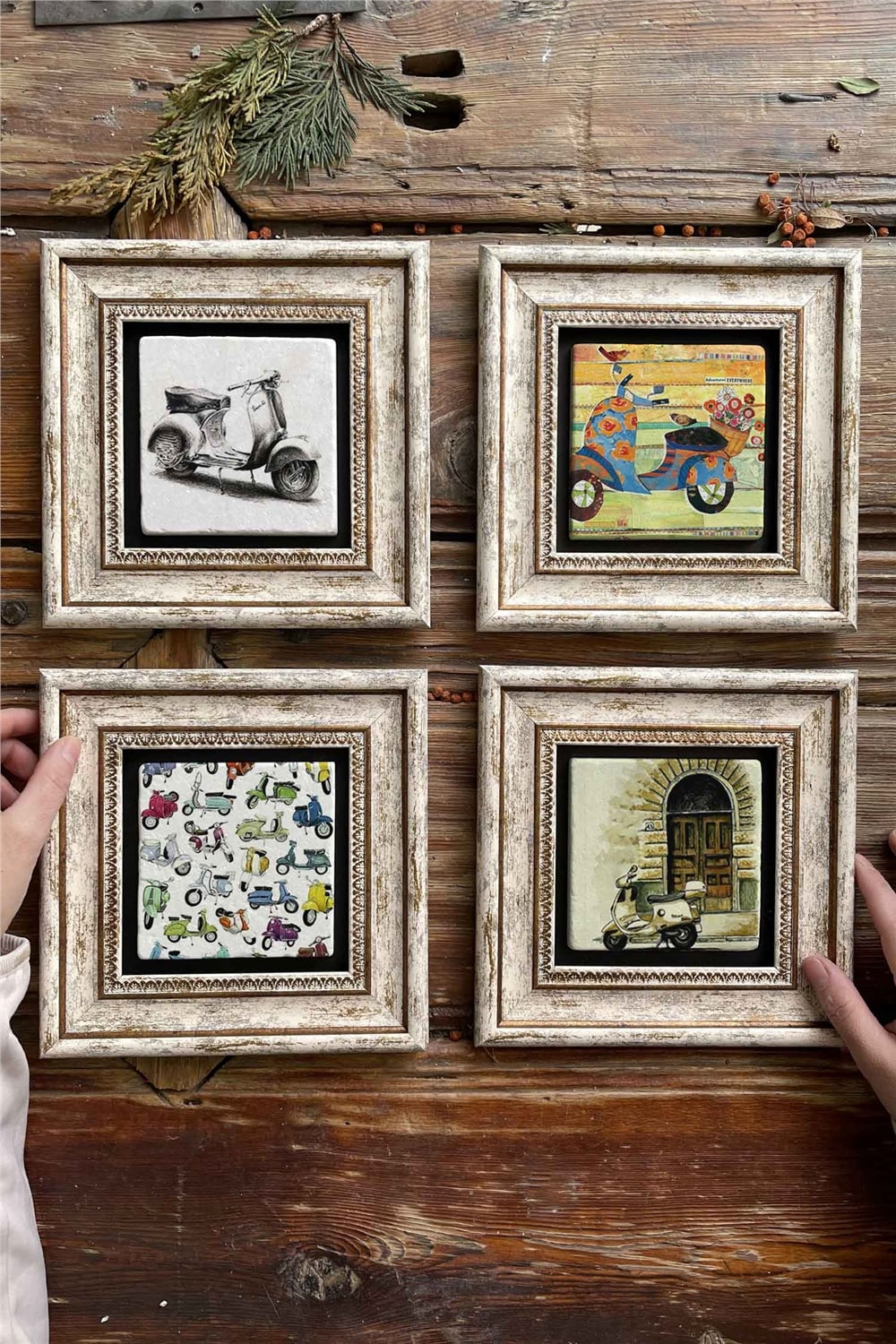 Oscar Stone Decor Çerçeveli Taş Tablo Duvar Dekoru 20x20cm 4'lü Set
