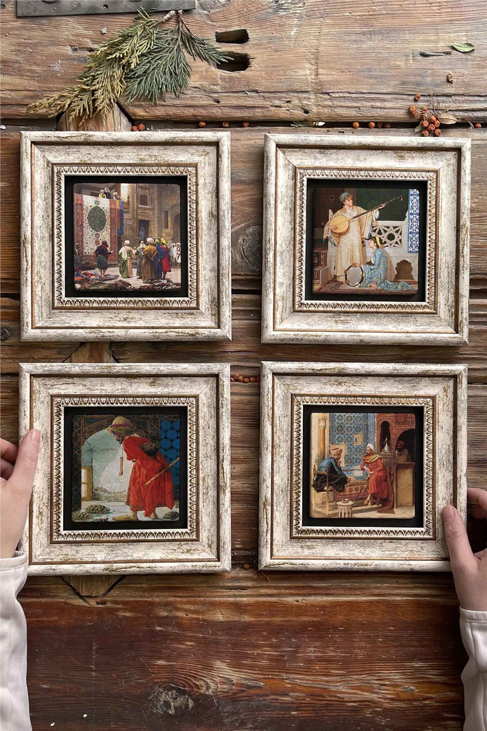 Oscar Stone Decor Çerçeveli Taş Tablo Duvar Dekoru 20x20cm 4'lü Set Osman Hamdi Tabloları