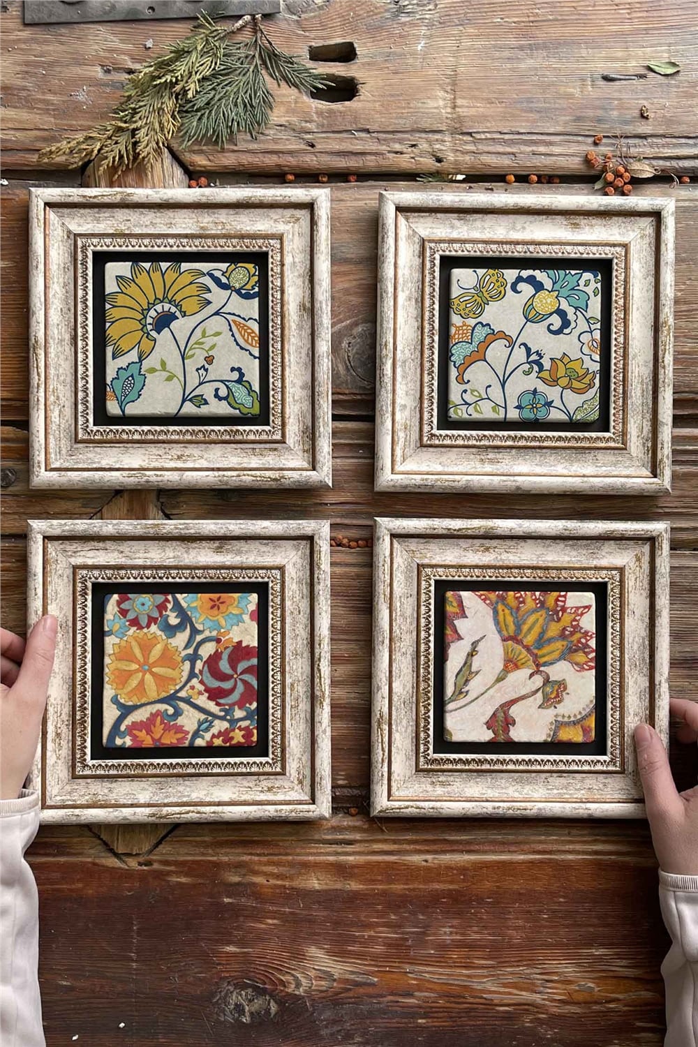 Oscar Stone Decor Çerçeveli Taş Tablo Duvar Dekoru 20x20cm 4'lü Set
