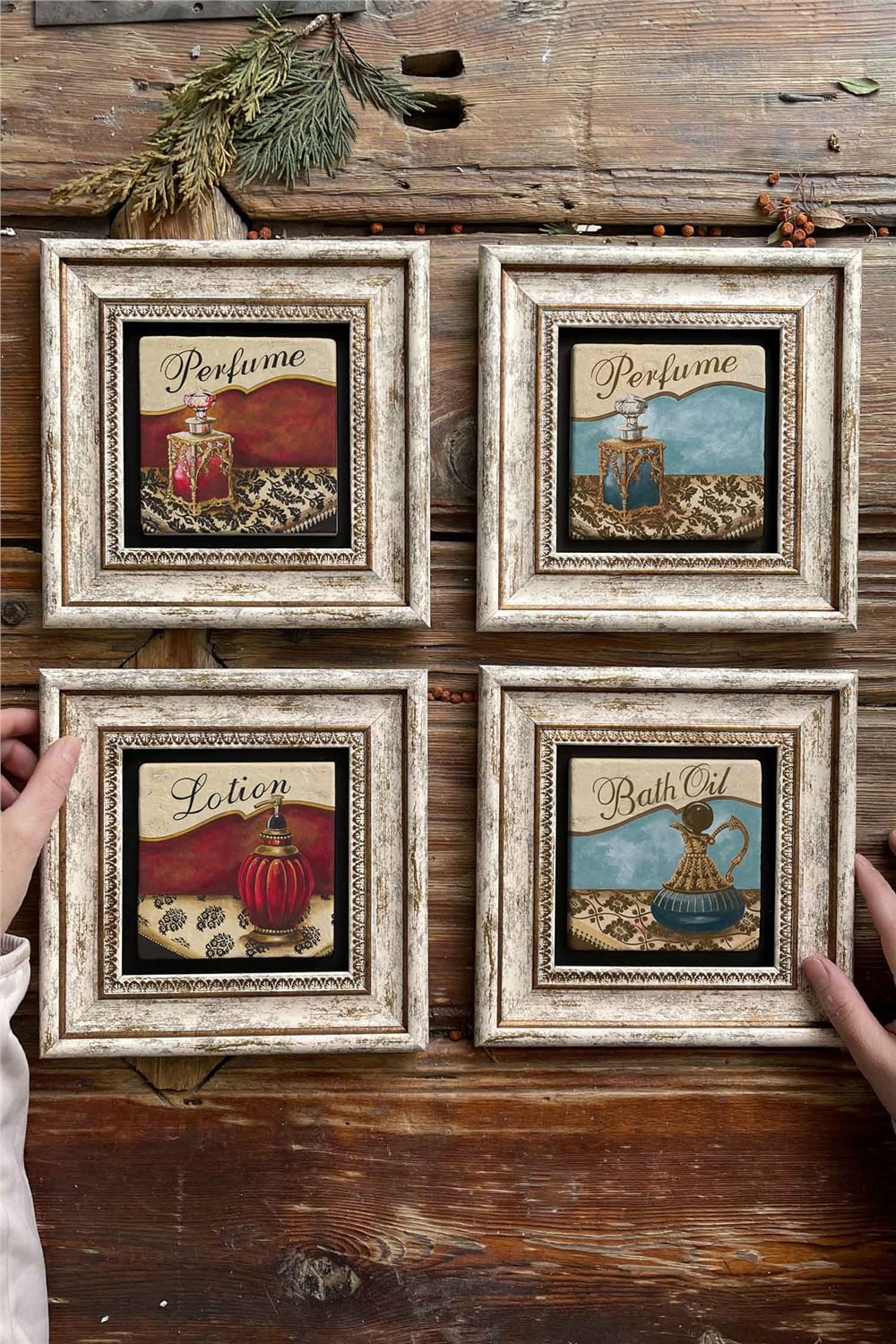 Oscar Stone Decor Çerçeveli Taş Tablo Duvar Dekoru 20x20cm 4'lü Set Perfume Parfüm Seti Tablo