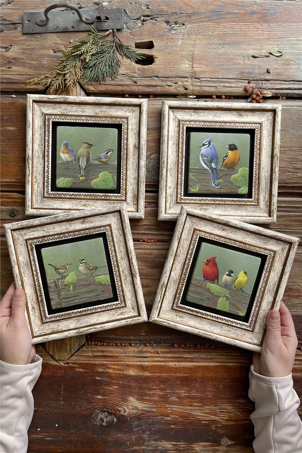 Oscar Stone Decor Çerçeveli Taş Tablo Duvar Dekoru 20x20cm 4'lü Set Kuşlar