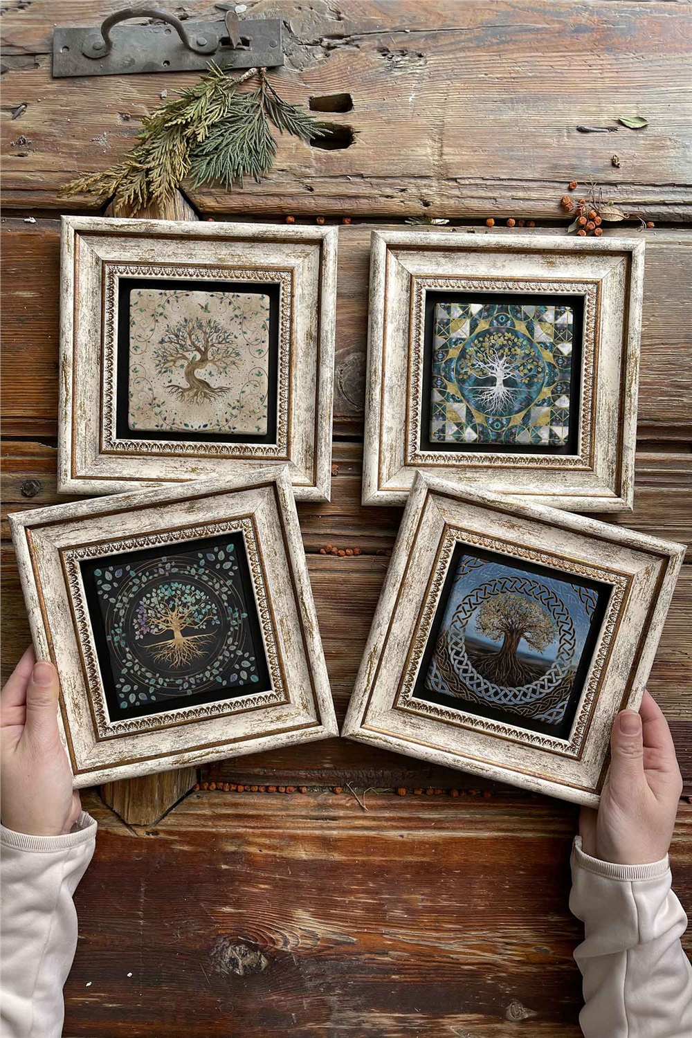 Oscar Stone Decor Çerçeveli Taş Tablo Duvar Dekoru 20x20cm 4'lü Set Hayat Ağacı Seti