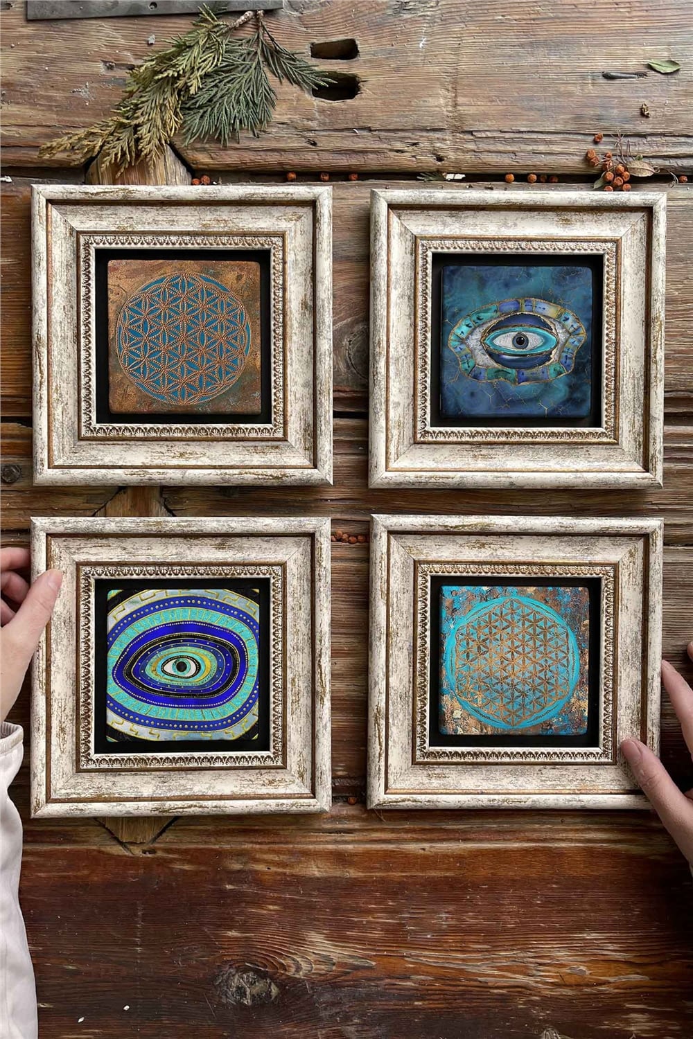 Oscar Stone Decor Çerçeveli Taş Tablo Duvar Dekoru 20x20cm 4'lü Set Yaşam Çiçeği Nazar Göz