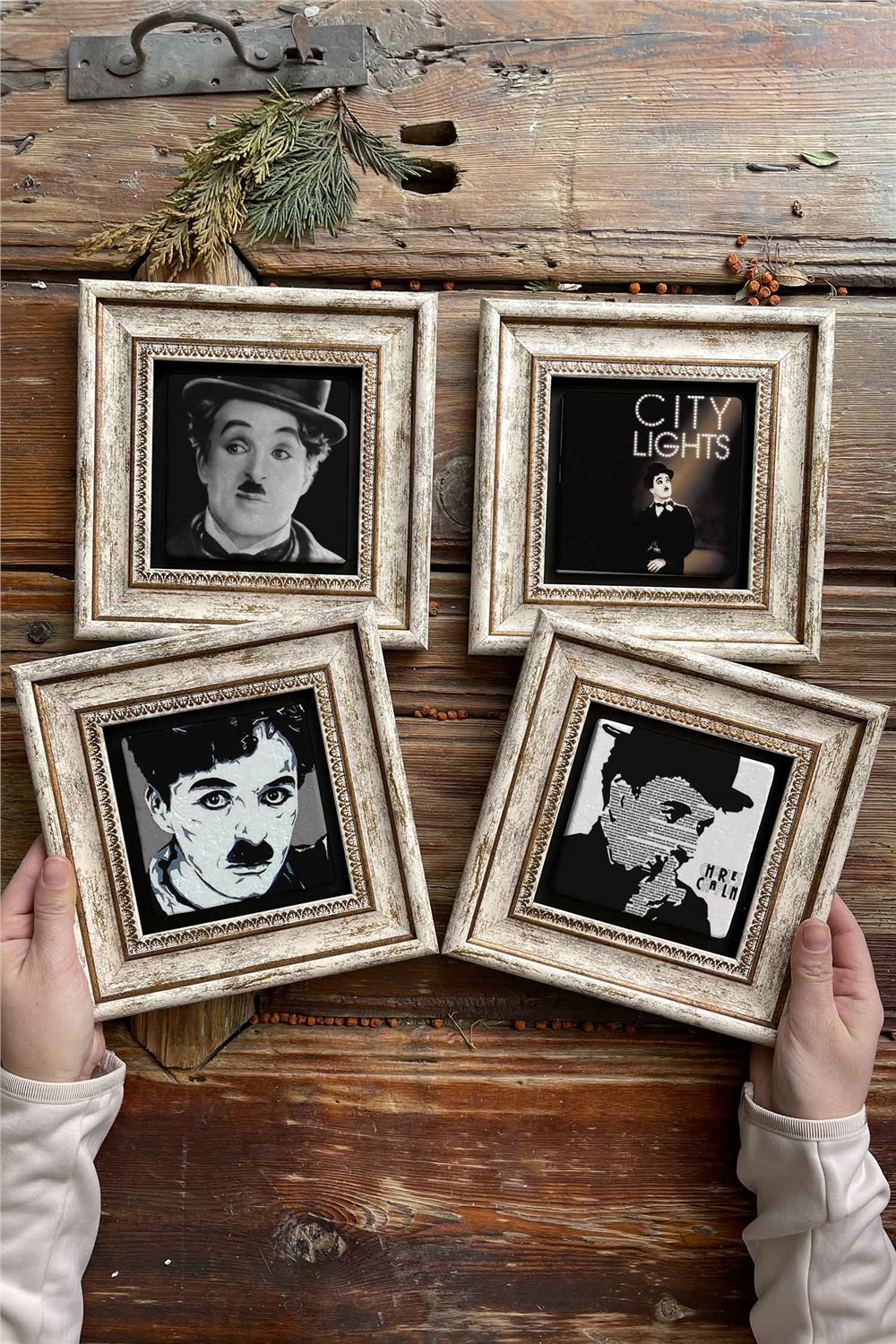 Oscar Stone Decor Çerçeveli Taş Tablo Duvar Dekoru 20x20cm 4'lü Set Charlie Chaplin Seti