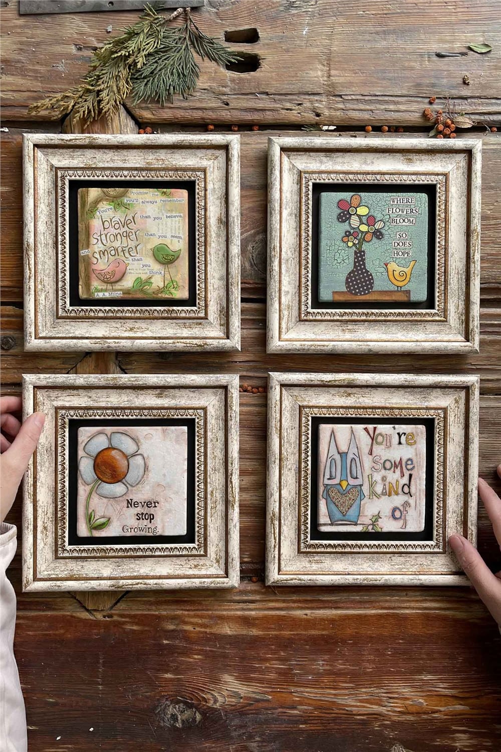 Oscar Stone Decor Çerçeveli Taş Tablo Duvar Dekoru 20x20cm 4'lü Set
