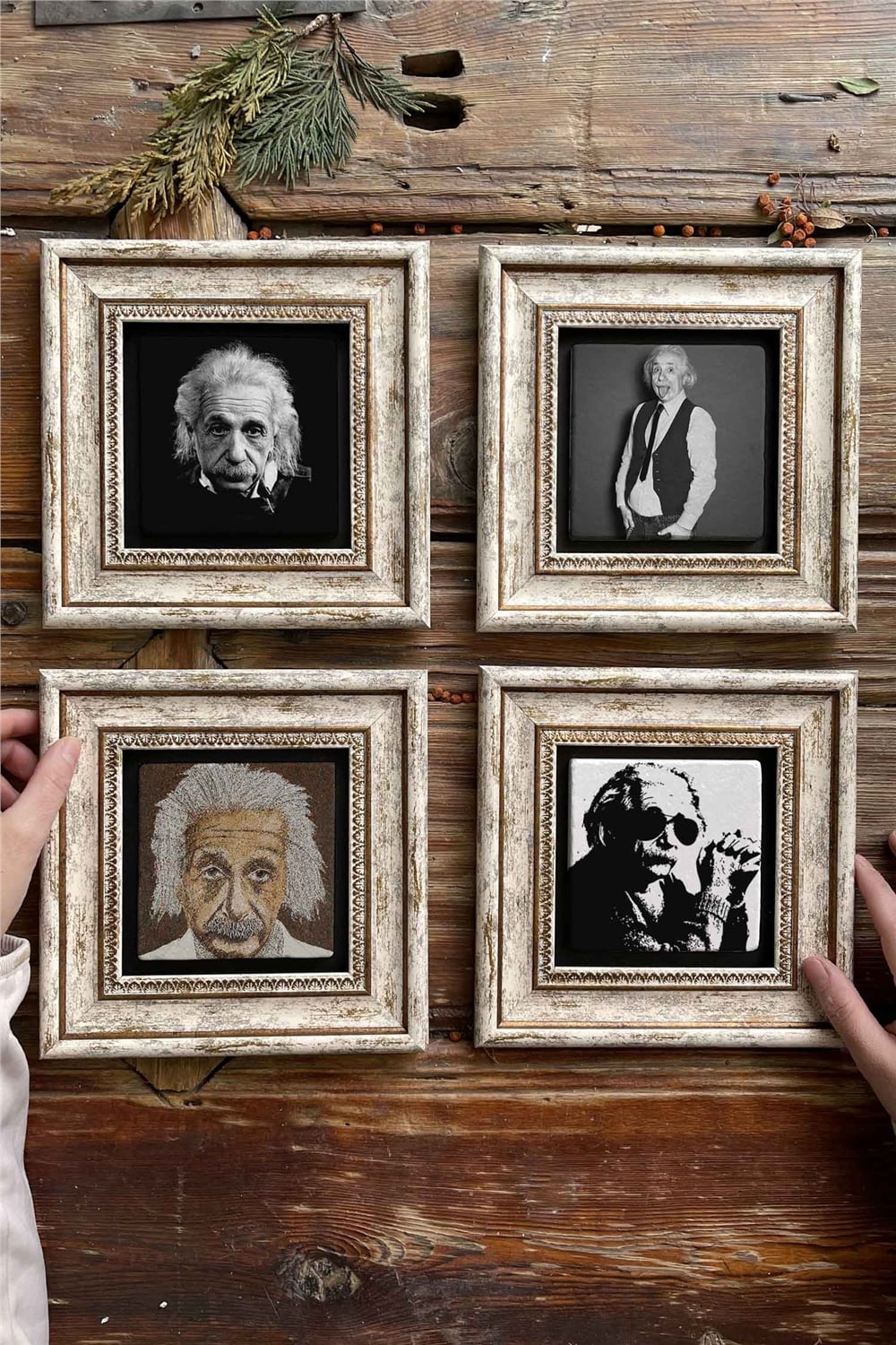 Oscar Stone Decor Çerçeveli Taş Tablo Duvar Dekoru 20x20cm 4'lü Set Albert Einstein Set