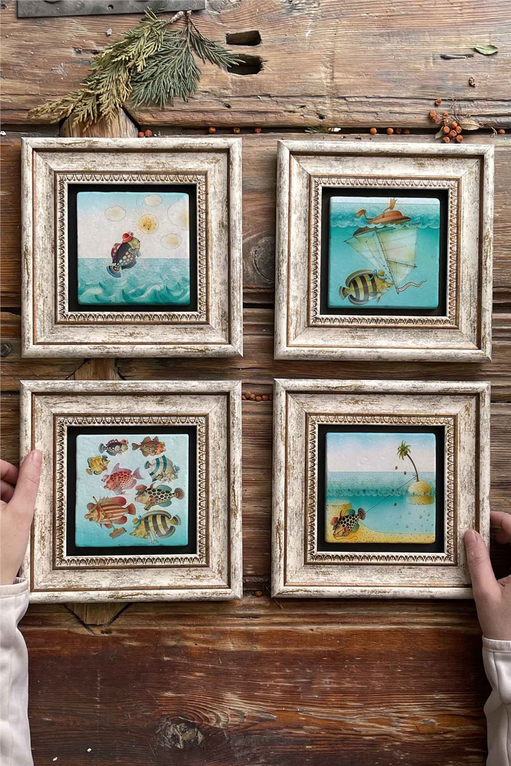Oscar Stone Decor Çerçeveli Taş Tablo Duvar Dekoru 20x20cm 4'lü Set