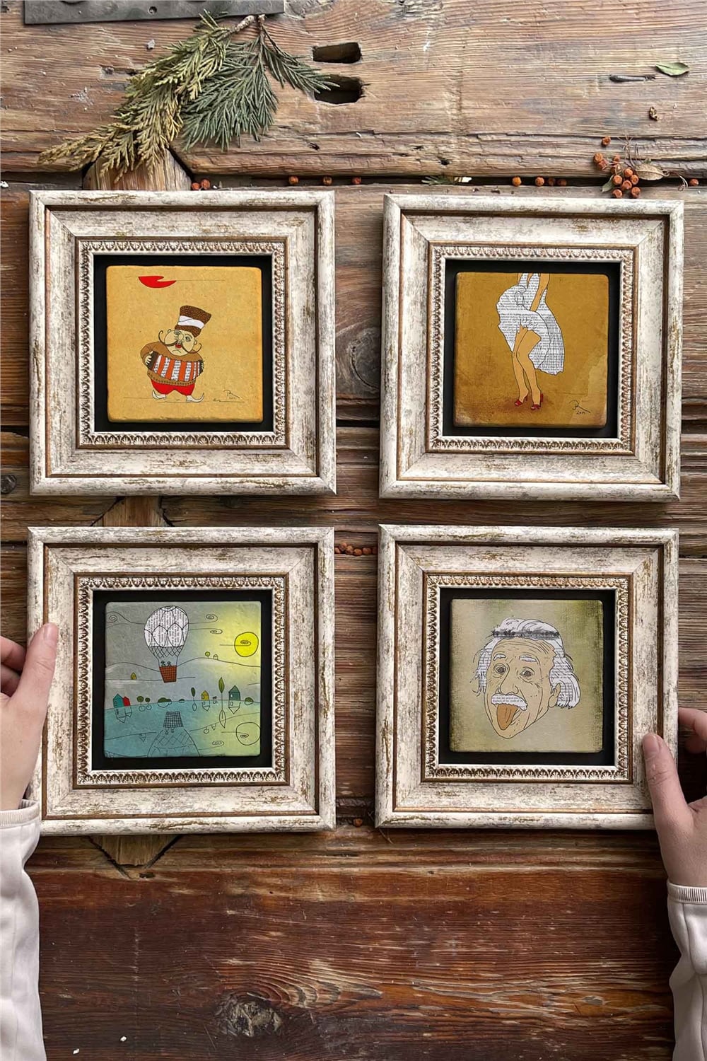 Oscar Stone Decor Çerçeveli Taş Tablo Duvar Dekoru 20x20cm 4'lü Set Einsten Marilyn Balon Osmanlı