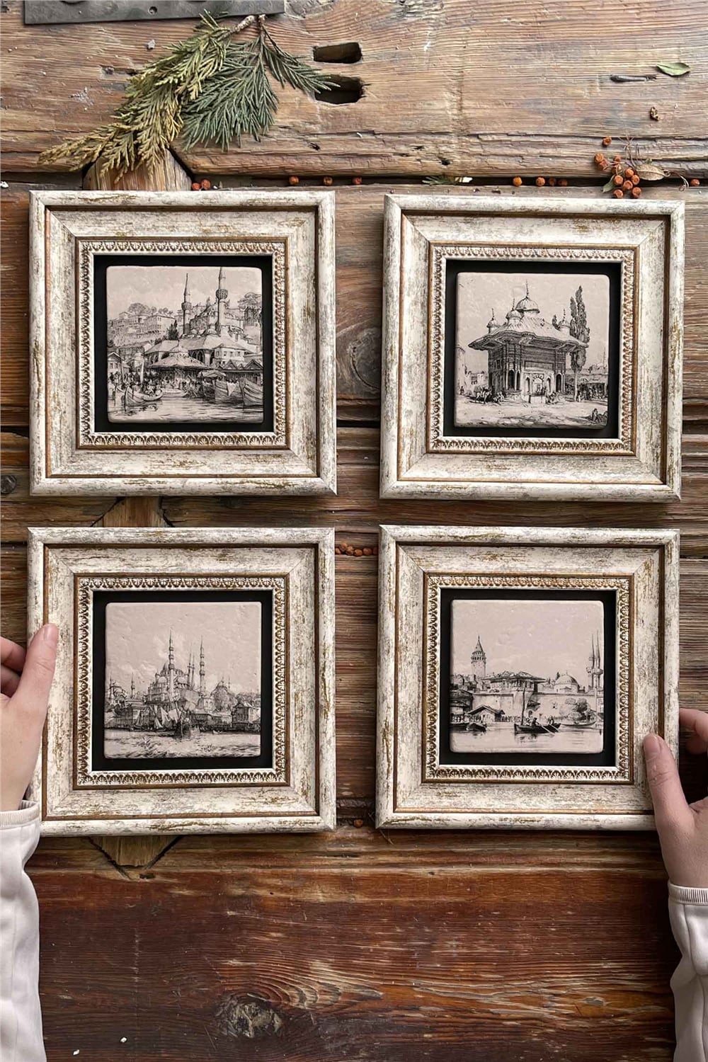 Oscar Stone Decor Çerçeveli Taş Tablo Duvar Dekoru 20x20cm 4'lü Set Eski İstanbul Tabloları Çeşme