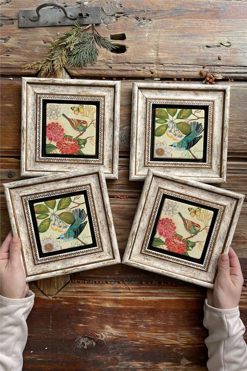 Oscar Stone Decor Çerçeveli Taş Tablo Duvar Dekoru 20x20cm 4'lü Set Kuş Seti