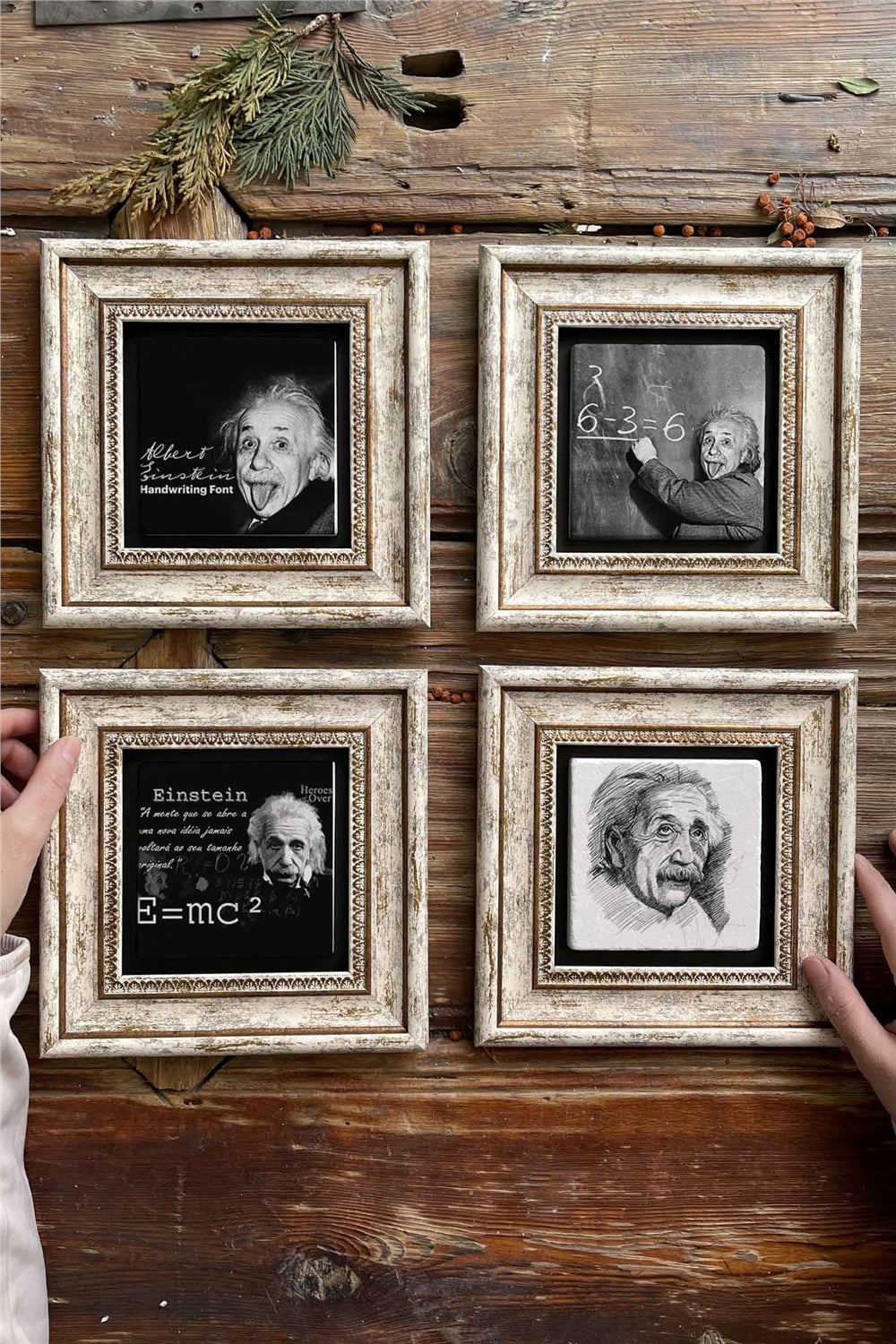 Oscar Stone Decor Çerçeveli Taş Tablo Duvar Dekoru 20x20cm 4'lü Set Albert Einstein Set