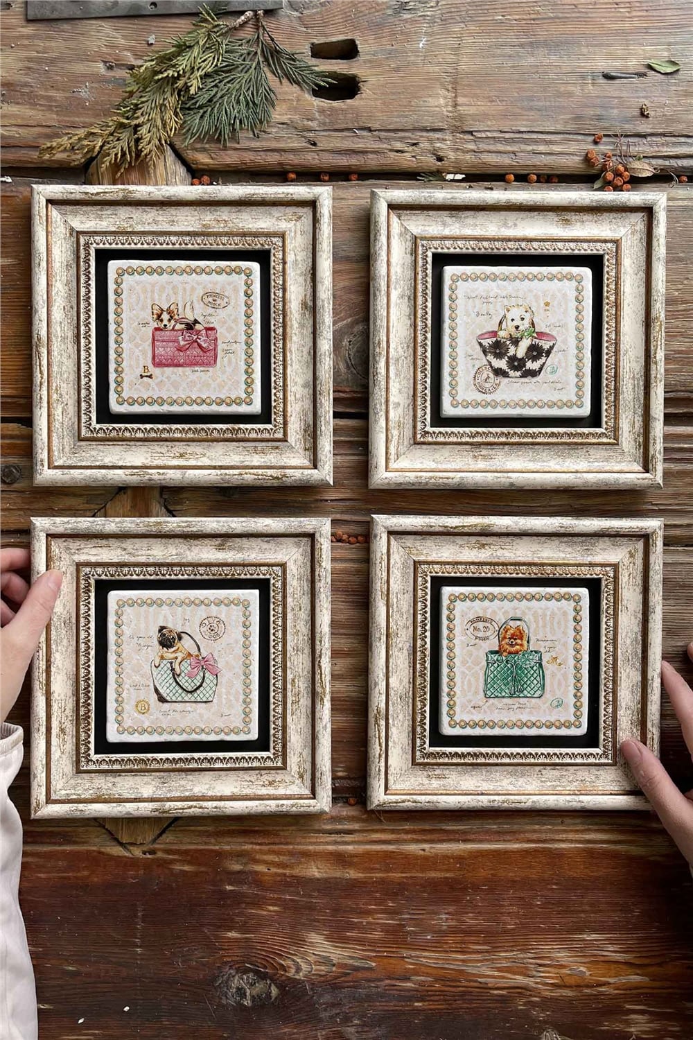Oscar Stone Decor Çerçeveli Taş Tablo Duvar Dekoru 20x20cm 4'lü Set Çantada Köpek Seti