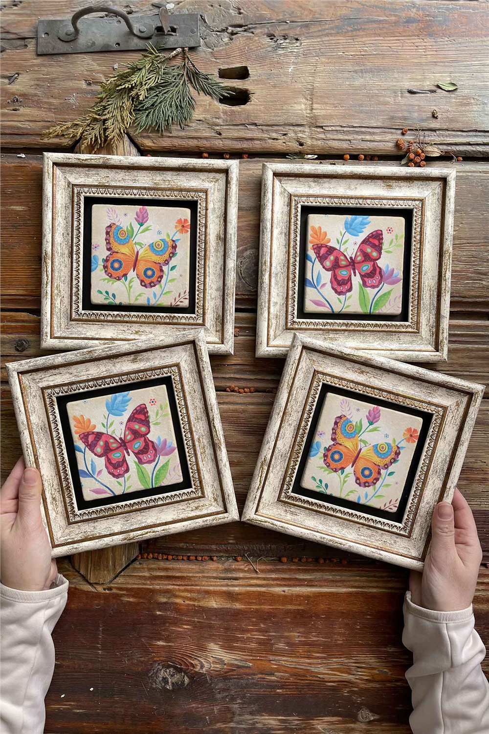 Oscar Stone Decor Çerçeveli Taş Tablo Duvar Dekoru 20x20cm 4'lü Set Kelebek Butterfly Set