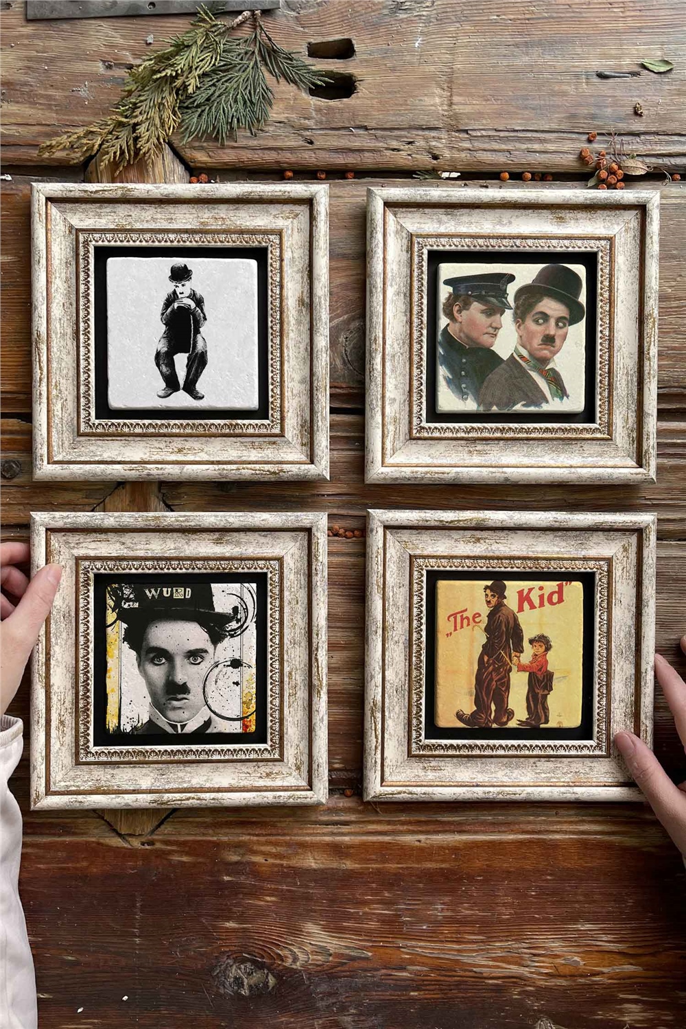 Oscar Stone Decor Çerçeveli Taş Tablo Duvar Dekoru 20x20cm 4'lü Set Charlie Chaplin Seti