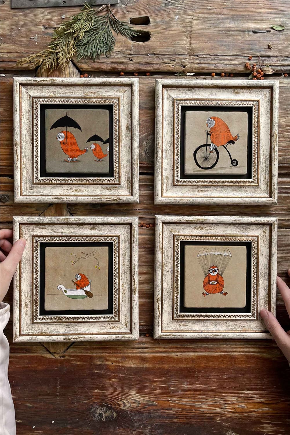 Oscar Stone Decor Çerçeveli Taş Tablo Duvar Dekoru 20x20cm 4'lü Set Baykuş Seti